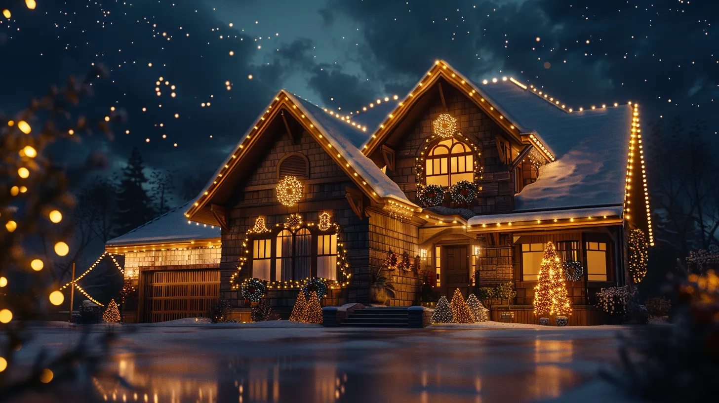 a beautifully decorated home shimmering with festive holiday lights under a starry night sky, showcasing the intricate installation process amidst a backdrop of winter splendor.