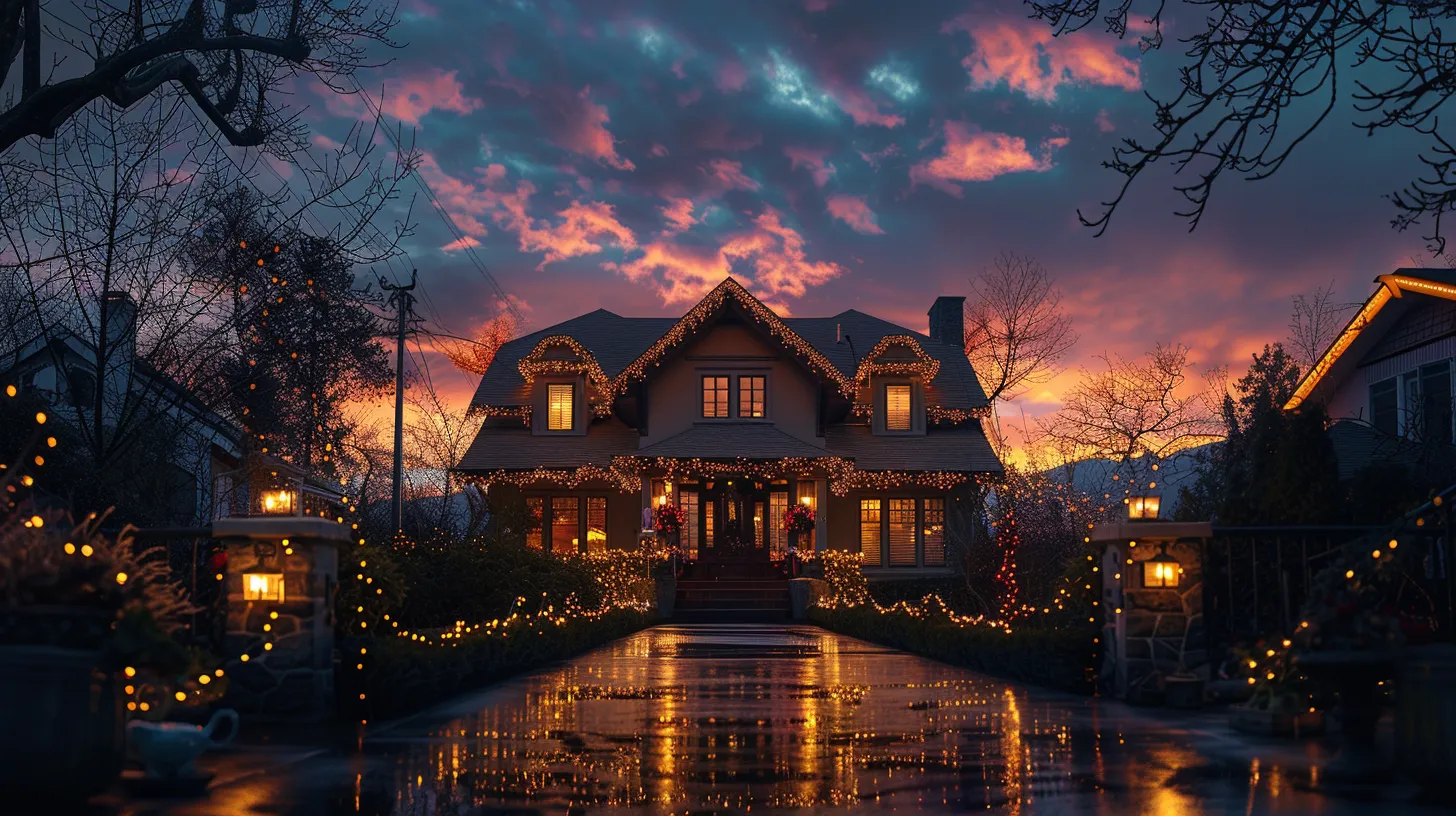 a beautifully illuminated home adorned with vibrant holiday lights, radiating warmth and festive cheer, set against a twilight sky, showcasing the artistry and professional quality of a holiday light contractor.