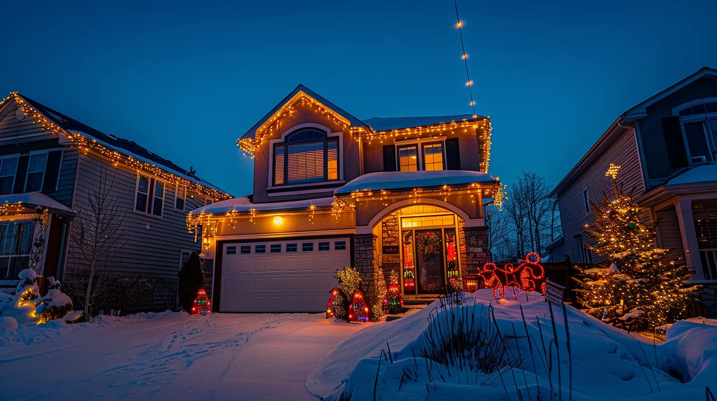 a beautifully illuminated home twinkling with vibrant holiday lights against a crisp winter night sky, showcasing the charm of festive decorations and inviting warmth. a beautifully illuminated home twinkling with vibrant holiday lights against a crisp winter night sky, showcasing the charm of festive decorations and inviting warmth.