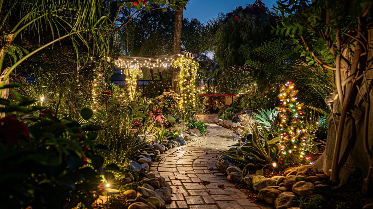 a beautifully illuminated los alamitos garden features a mix of classic and modern holiday lights, creating a warm, inviting atmosphere that showcases the area's unique cultural charm.