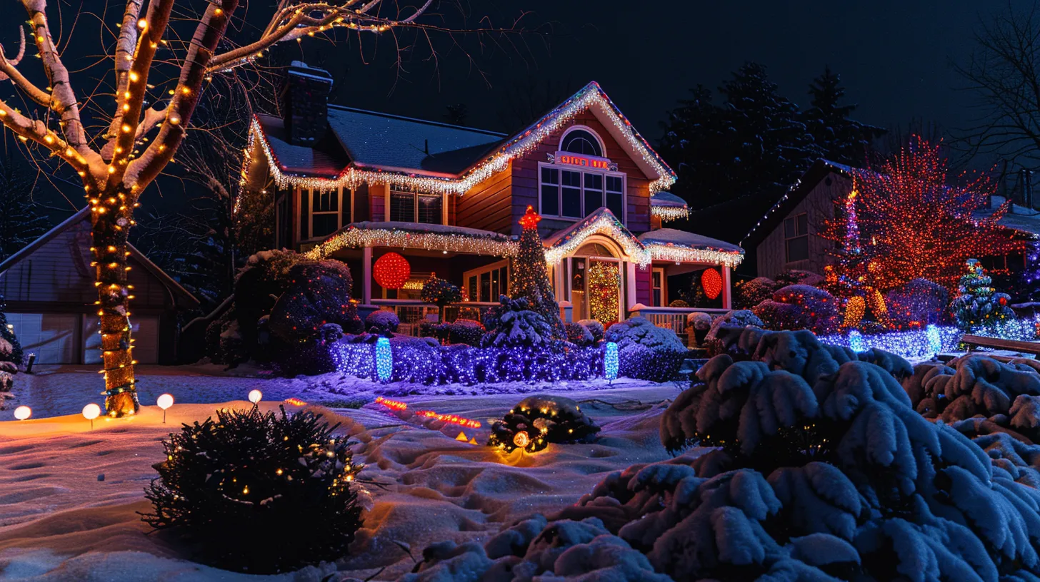 a breathtaking holiday display illuminates a beautifully decorated home, showcasing vibrant christmas lights against a peaceful snowy landscape, capturing the essence of festive cheer. a breathtaking holiday display illuminates a beautifully decorated home, showcasing vibrant christmas lights against a peaceful snowy landscape, capturing the essence of festive cheer.
