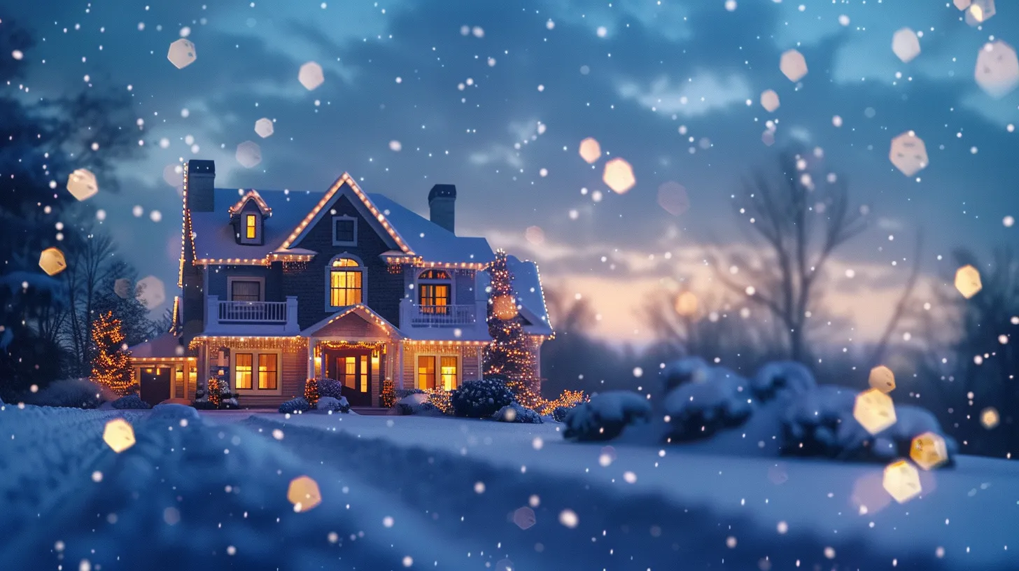 a breathtaking winter scene showcasing a perfectly illuminated home, adorned with shimmering holiday lights that twinkle against a backdrop of softly falling snowflakes under a twilight sky.