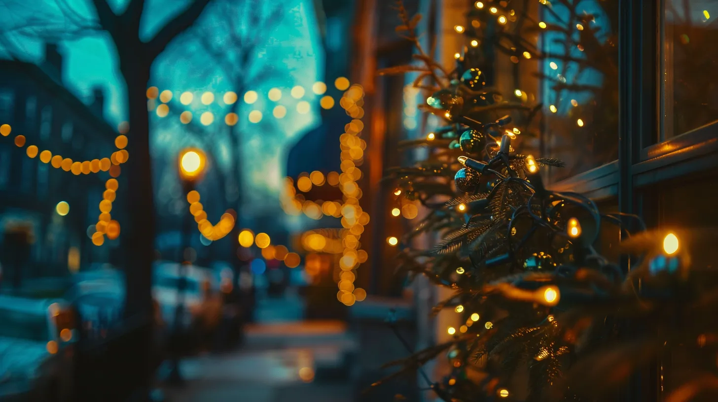 a dazzling array of festive holiday lights illuminates a beautifully decorated home and storefront, casting a warm, inviting glow against the crisp evening sky.