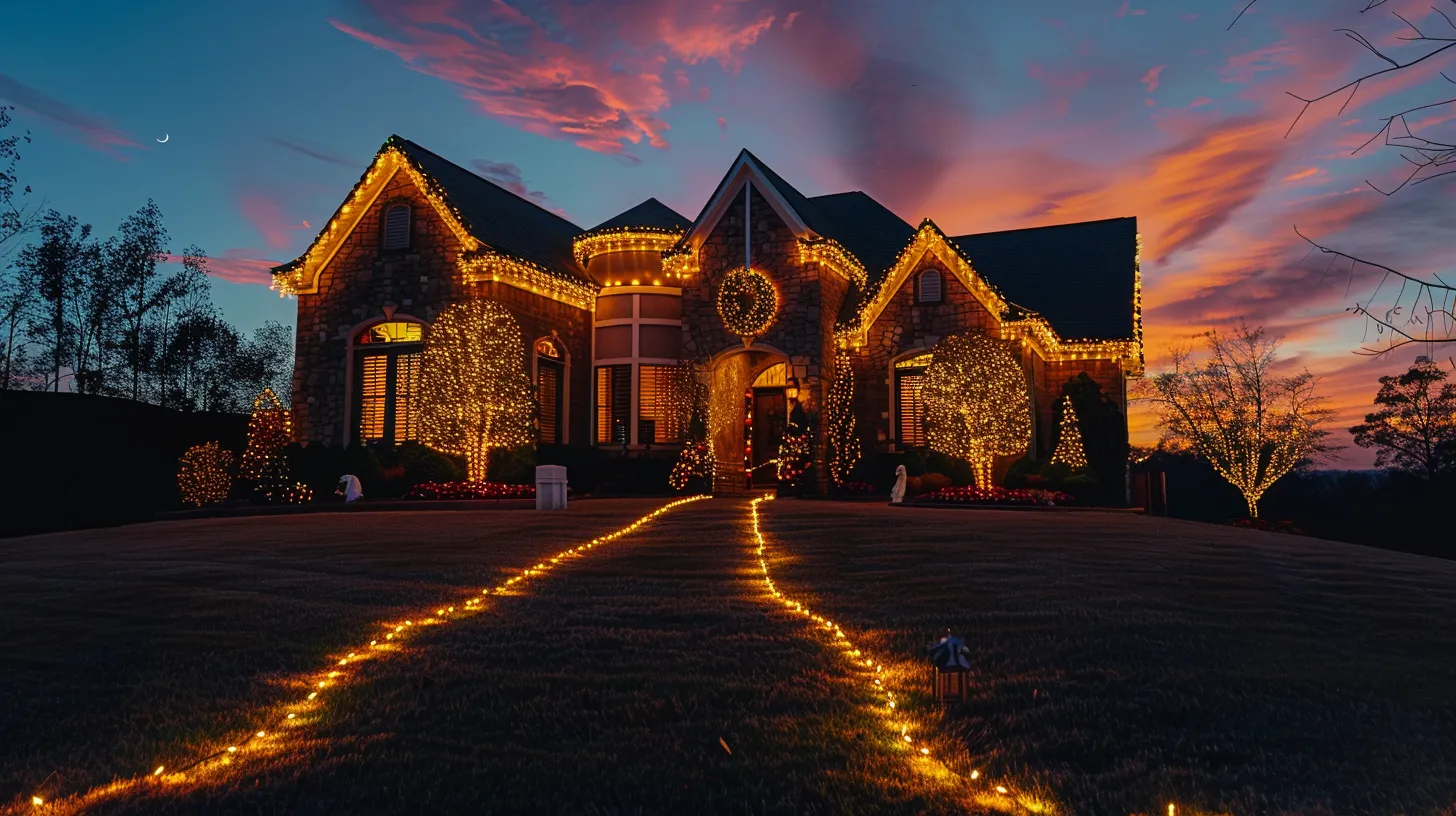 a dazzling christmas lighting display showcases the contrast between professionally installed vibrant illuminations and a creatively designed diy setup, set against a twilight backdrop that enhances the festive atmosphere. a dazzling christmas lighting display showcases the contrast between professionally installed vibrant illuminations and a creatively designed diy setup, set against a twilight backdrop that enhances the festive atmosphere.