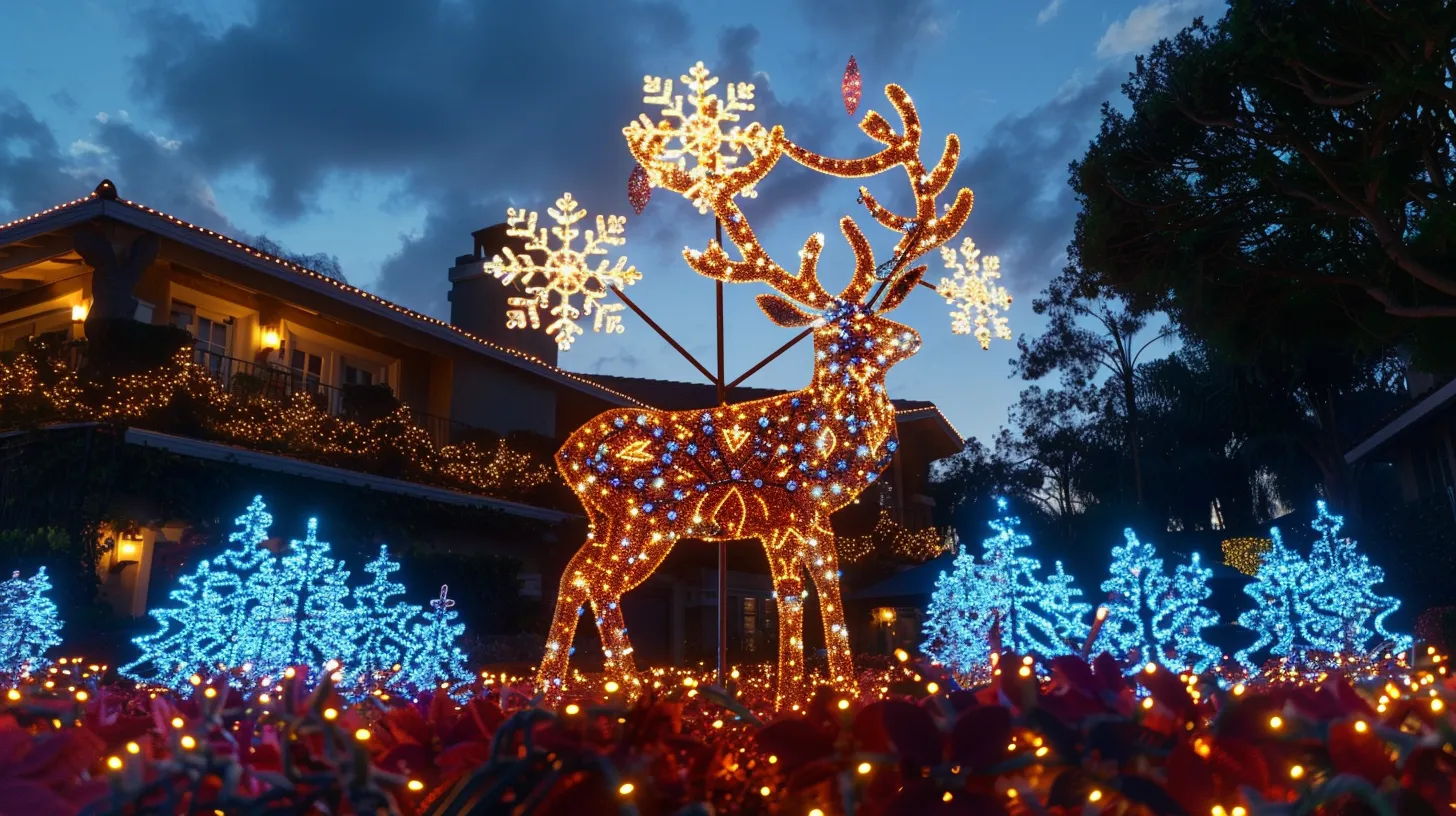 a dazzling display of holiday lights illuminates a los alamitos home, featuring vibrant reindeer and intricate snowflake designs against a twilight sky, capturing the spirit of the season with warmth and cheer.