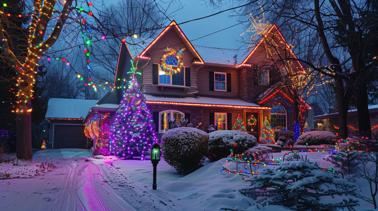 a dazzling display of multicolored holiday lights illuminates a beautifully decorated home, casting a warm, inviting glow amidst a crisp winter night, capturing the essence of festive cheer. a dazzling display of multicolored holiday lights illuminates a beautifully decorated home, casting a warm, inviting glow amidst a crisp winter night, capturing the essence of festive cheer.