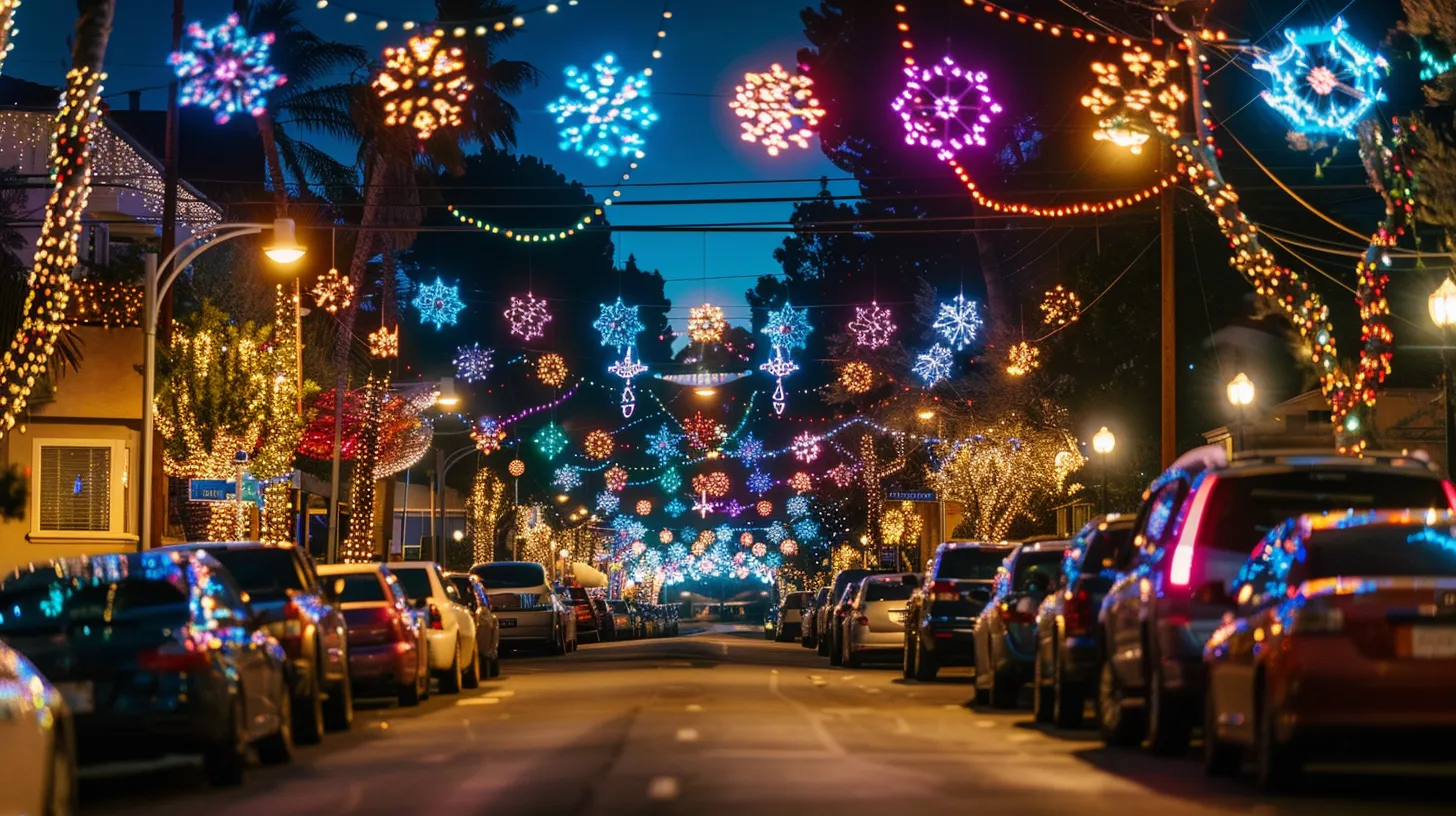 a dazzling display of vibrant holiday lights illuminates a charming los alamitos street, showcasing diverse festive designs that bring warmth and joy to the community. a dazzling display of vibrant holiday lights illuminates a charming los alamitos street, showcasing diverse festive designs that bring warmth and joy to the community.