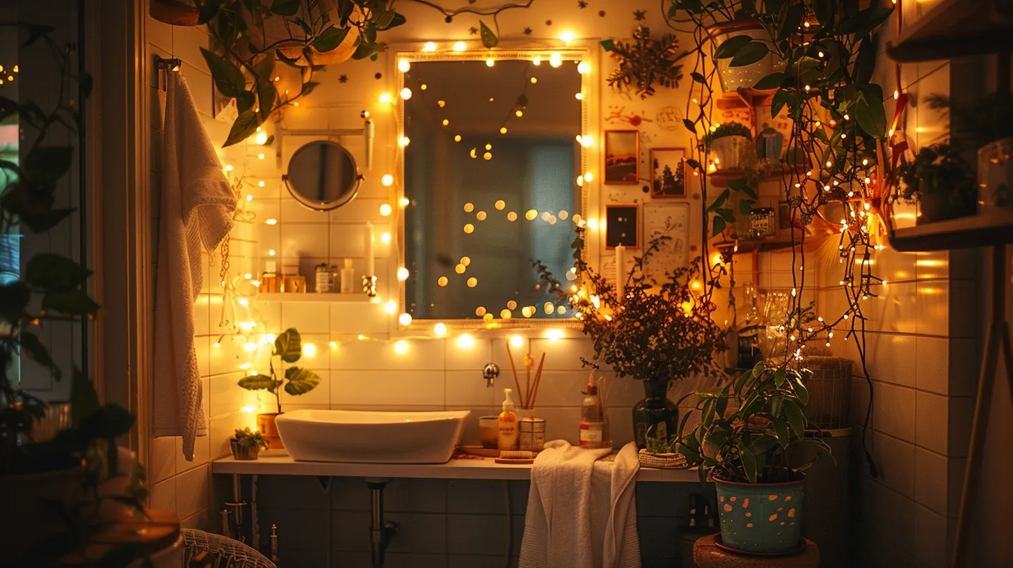 a dazzling holiday light display transforms a cozy bathroom into a festive wonderland, featuring intricately hung christmas lights and enchanting festoon arrangements that radiate warmth and joy.