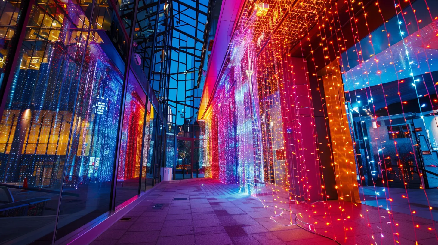 a mesmerizing display of vibrant, eco-friendly holiday lights twinkles against a backdrop of modern architecture, showcasing interactive installations that blend seamlessly with smart home technology in a festive urban setting. a mesmerizing display of vibrant, eco-friendly holiday lights twinkles against a backdrop of modern architecture, showcasing interactive installations that blend seamlessly with smart home technology in a festive urban setting.