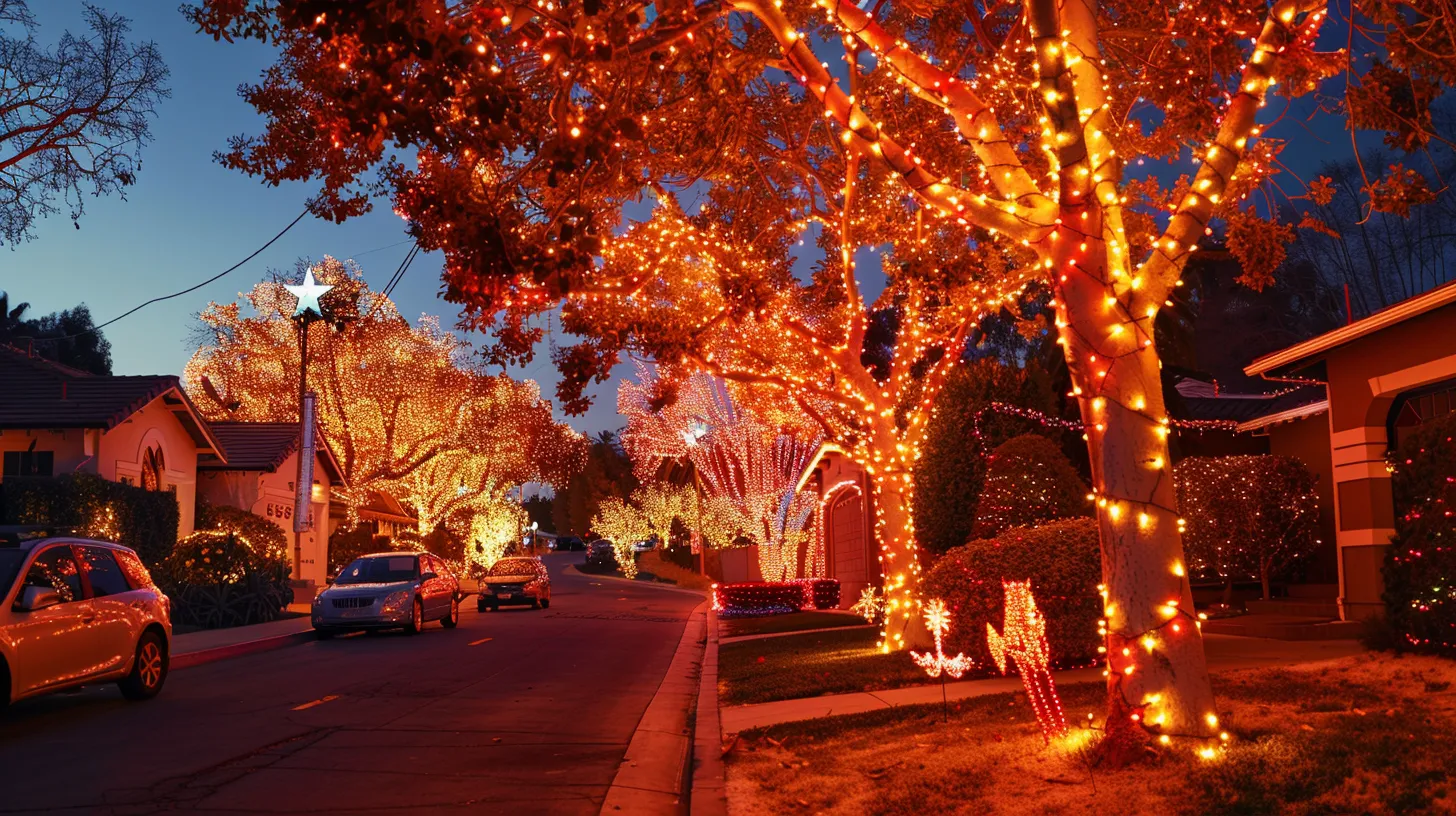 a vibrant holiday display illuminates an enchanting neighborhood in orange, ca, with twinkling orange lights and festive decorations creating a warm, joyful atmosphere under a starlit sky.