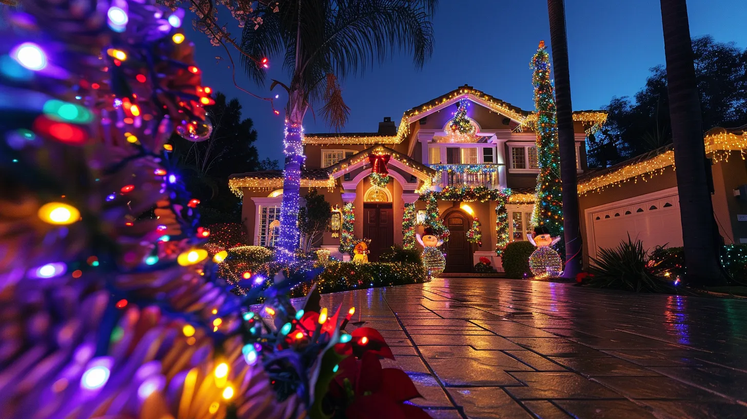 a vibrant holiday scene showcases a beautifully lit home in los alamitos, adorned with dazzling lights, surrounded by cheerful homeowners and festive decorations, capturing the essence of an organized and joyful holiday setup.