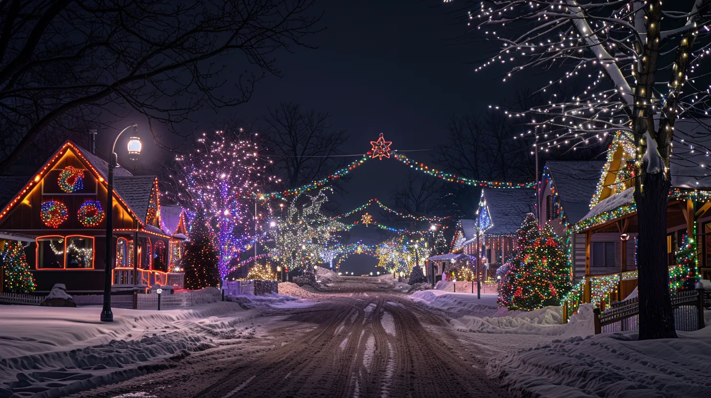 a vibrant night scene of a michigan neighborhood aglow with festive holiday lights, showcasing intricate designs and wood accents that reflect the creative spirit of a community lighting competition.
