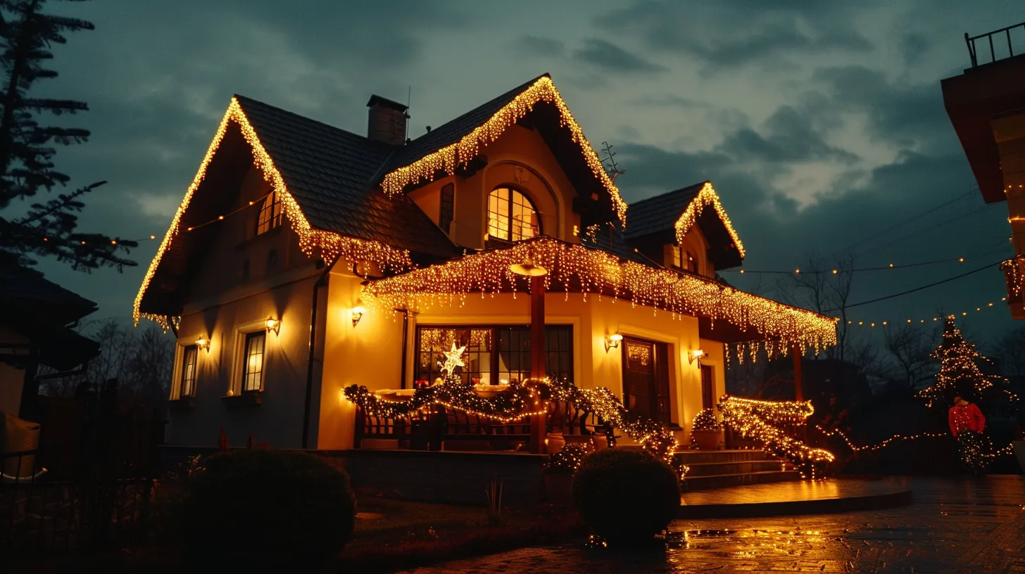 a warm, inviting evening scene showcases a beautifully illuminated home adorned with vibrant string lights and energy-efficient leds, creating a festive atmosphere that embodies the magic of the holiday season.
