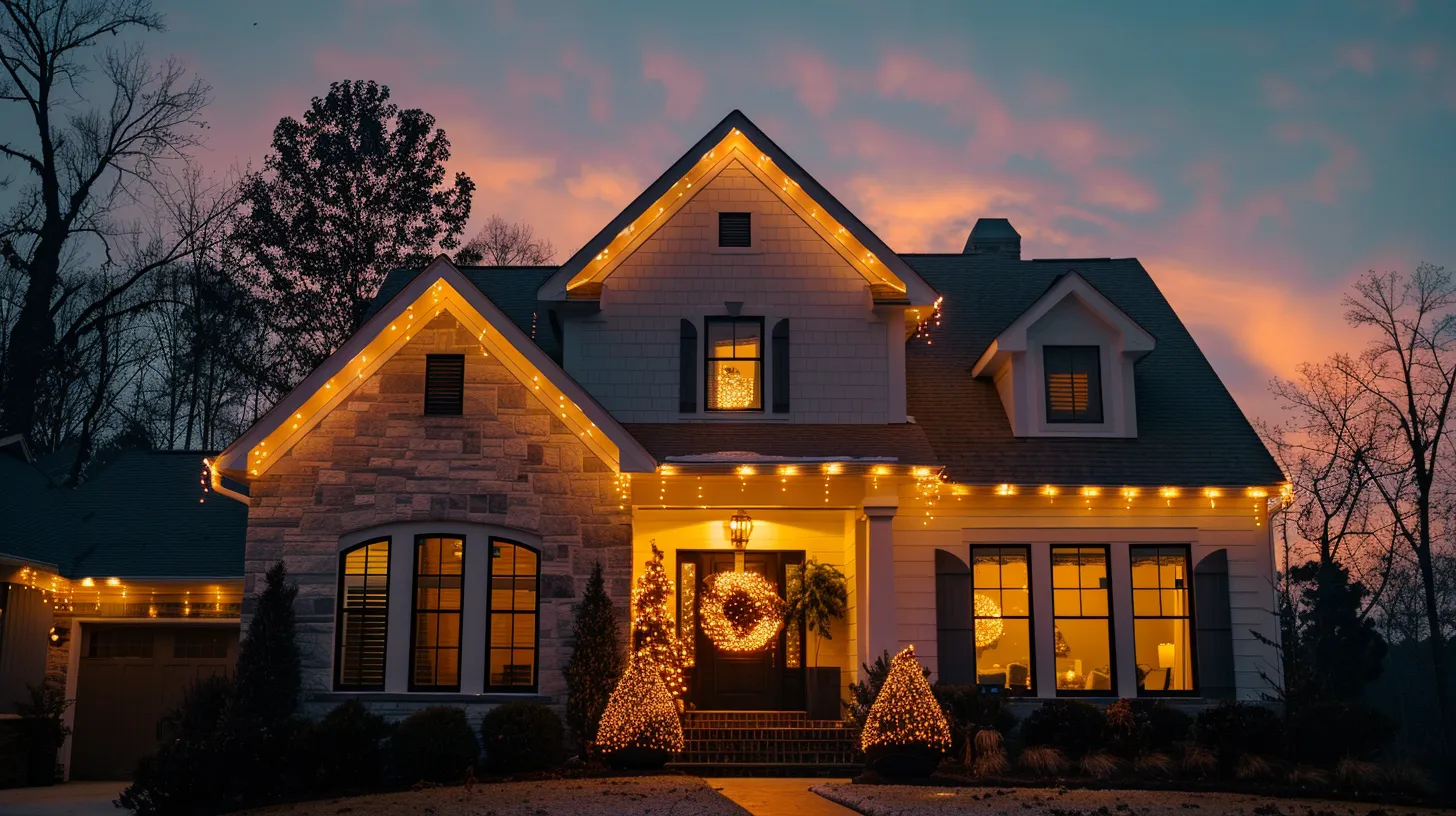 a welcoming home adorned with sparkling holiday lights, glowing warmly against the twilight sky, captures the spirit of joyful collaboration and festive celebration.