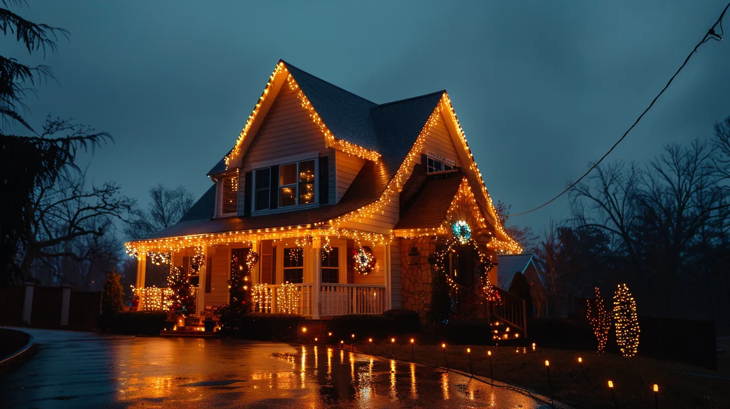 a beautifully illuminated holiday scene features a charming home adorned with vibrant, energy-efficient lights, casting a warm glow against a twilight sky, symbolizing the joy and savings of thoughtful budget planning for festive decor.