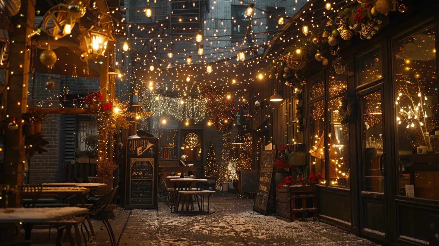a cozy, warmly lit holiday scene filled with glowing string lights and joyful decorations, capturing the essence of customer delight and festive spirit.