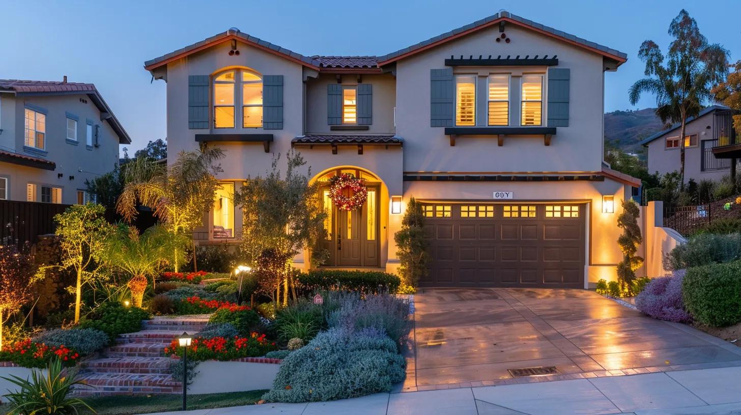 a beautifully illuminated mission viejo home adorned with warm white led lights and vibrant color accents highlights its architectural features, complemented by prelit wreaths and pathway lights guiding along a festive walkway, all set against a twilight urban backdrop. a beautifully illuminated mission viejo home adorned with warm white led lights and vibrant color accents highlights its architectural features, complemented by prelit wreaths and pathway lights guiding along a festive walkway, all set against a twilight urban backdrop.