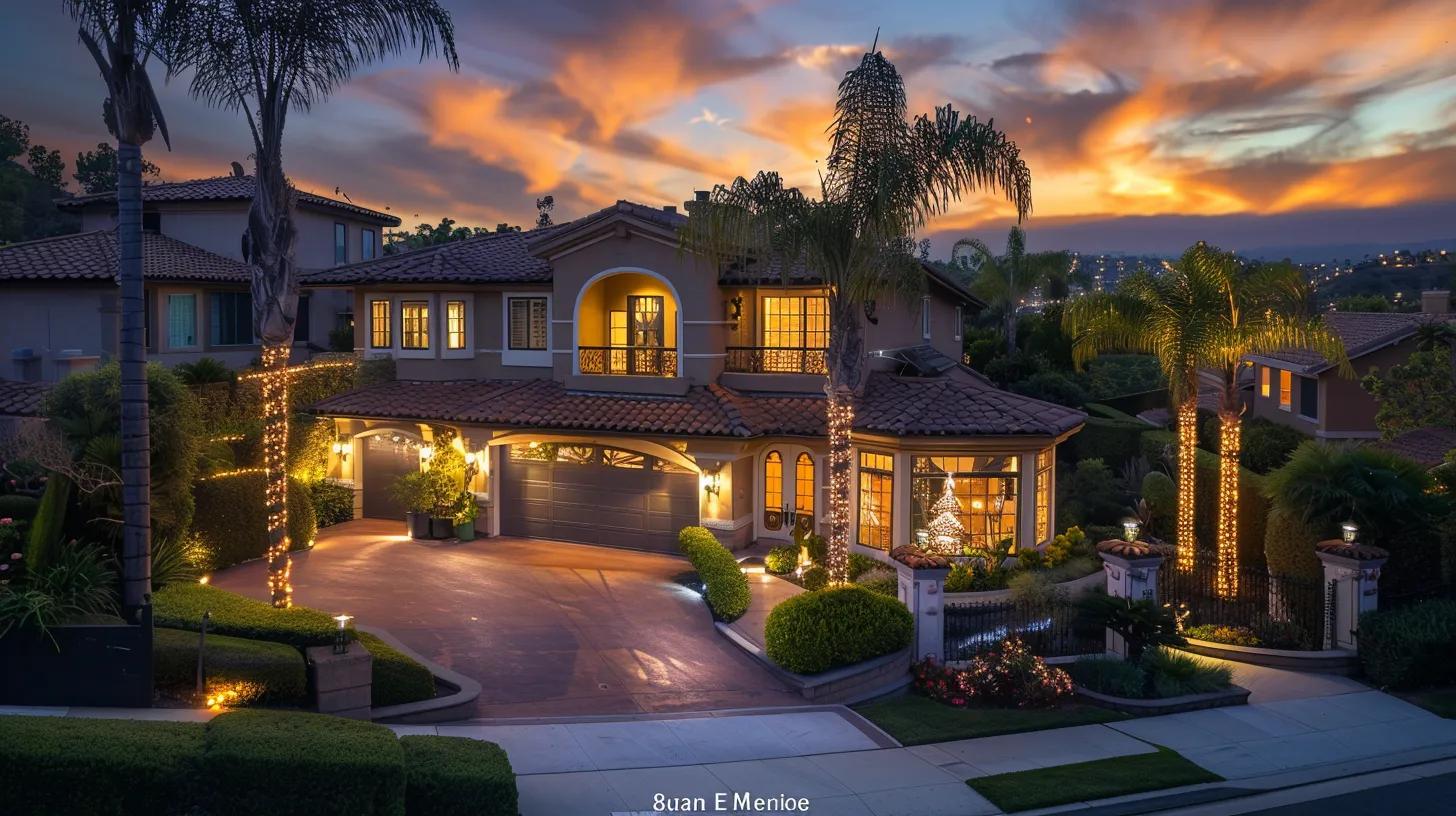 a beautifully illuminated suburban home in mission viejo showcases meticulously arranged holiday lights, emphasizing architectural features with vibrant colors while a licensed installer checks power management systems and fixture placements against a backdrop of twilight. a beautifully illuminated suburban home in mission viejo showcases meticulously arranged holiday lights, emphasizing architectural features with vibrant colors while a licensed installer checks power management systems and fixture placements against a backdrop of twilight.