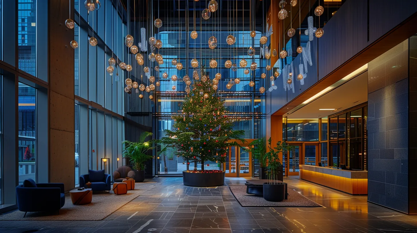a breathtaking christmas tree installation in a modern urban lobby, adorned with vibrant, coordinated bulbs and innovative lighting systems, radiating festive cheer and showcasing a perfect blend of technology and classic holiday charm. a breathtaking christmas tree installation in a modern urban lobby, adorned with vibrant, coordinated bulbs and innovative lighting systems, radiating festive cheer and showcasing a perfect blend of technology and classic holiday charm.