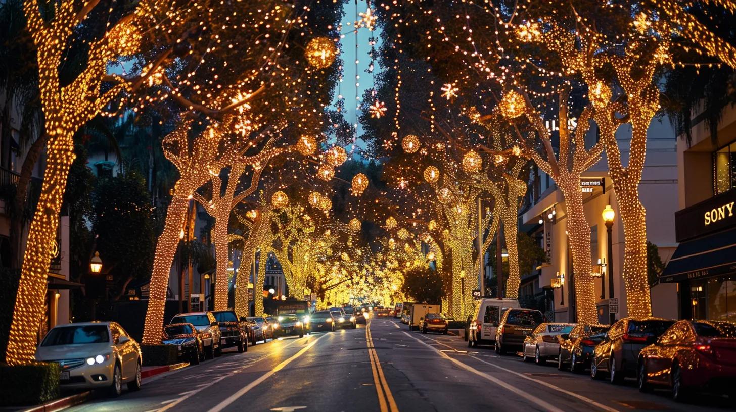 a dazzling display of extravagant holiday lights illuminates the luxurious streets of beverly hills and bel air, creating an enchanting atmosphere that embodies the festive spirit.