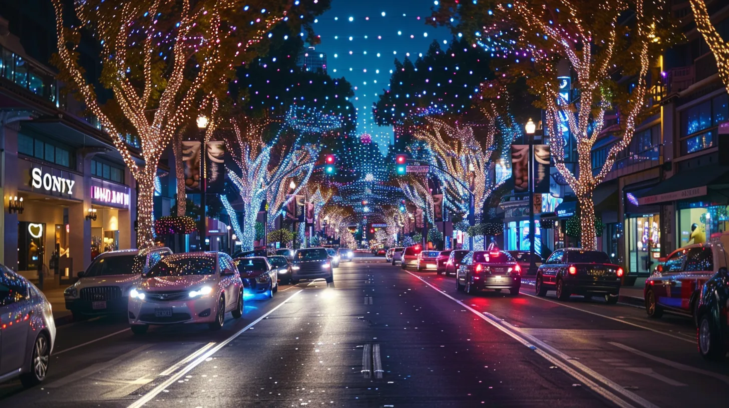a dazzling urban night scene in los angeles county showcases intricate holiday light displays, where modern technology seamlessly intertwines with traditional festive motifs, creating a captivating atmosphere filled with seasonal cheer. a dazzling urban night scene in los angeles county showcases intricate holiday light displays, where modern technology seamlessly intertwines with traditional festive motifs, creating a captivating atmosphere filled with seasonal cheer.