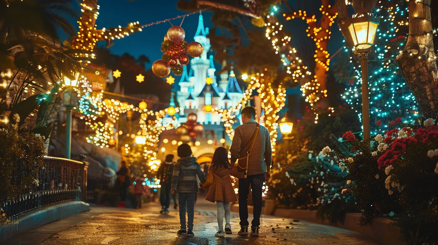 a dazzling urban night scene captures families joyfully interacting with vibrant, colorful holiday light installations around the iconic sleeping beauty castle, set against the backdrop of laguna beach's festive atmosphere filled with enchanting decorations. a dazzling urban night scene captures families joyfully interacting with vibrant, colorful holiday light installations around the iconic sleeping beauty castle, set against the backdrop of laguna beach's festive atmosphere filled with enchanting decorations.
