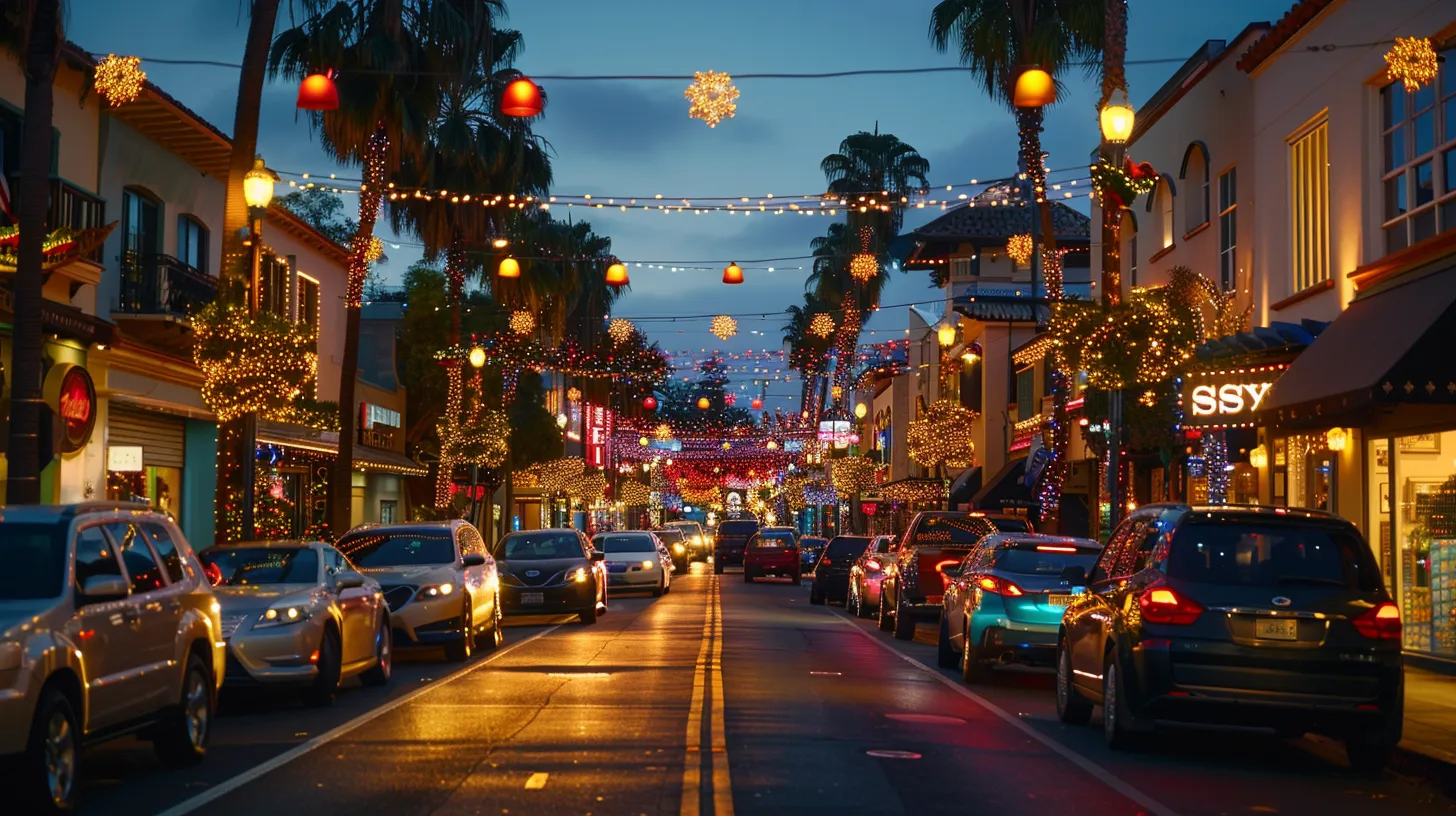 a dazzling urban street scene in laguna beach adorned with elaborate christmas light displays, featuring vibrant decorations illuminating the festive atmosphere along wilshire boulevard. a dazzling urban street scene in laguna beach adorned with elaborate christmas light displays, featuring vibrant decorations illuminating the festive atmosphere along wilshire boulevard.