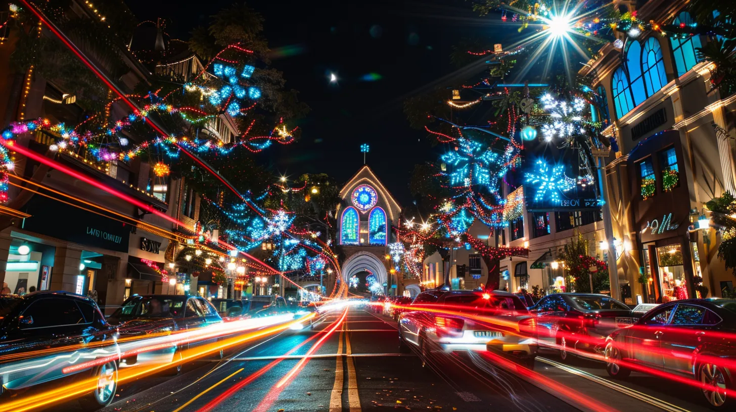 a dazzling urban street scene in laguna beach, illuminated with elaborate stained glass holiday decor and vibrant coordinated lighting trails, radiates festive charm and community spirit during the holiday season. a dazzling urban street scene in laguna beach, illuminated with elaborate stained glass holiday decor and vibrant coordinated lighting trails, radiates festive charm and community spirit during the holiday season.