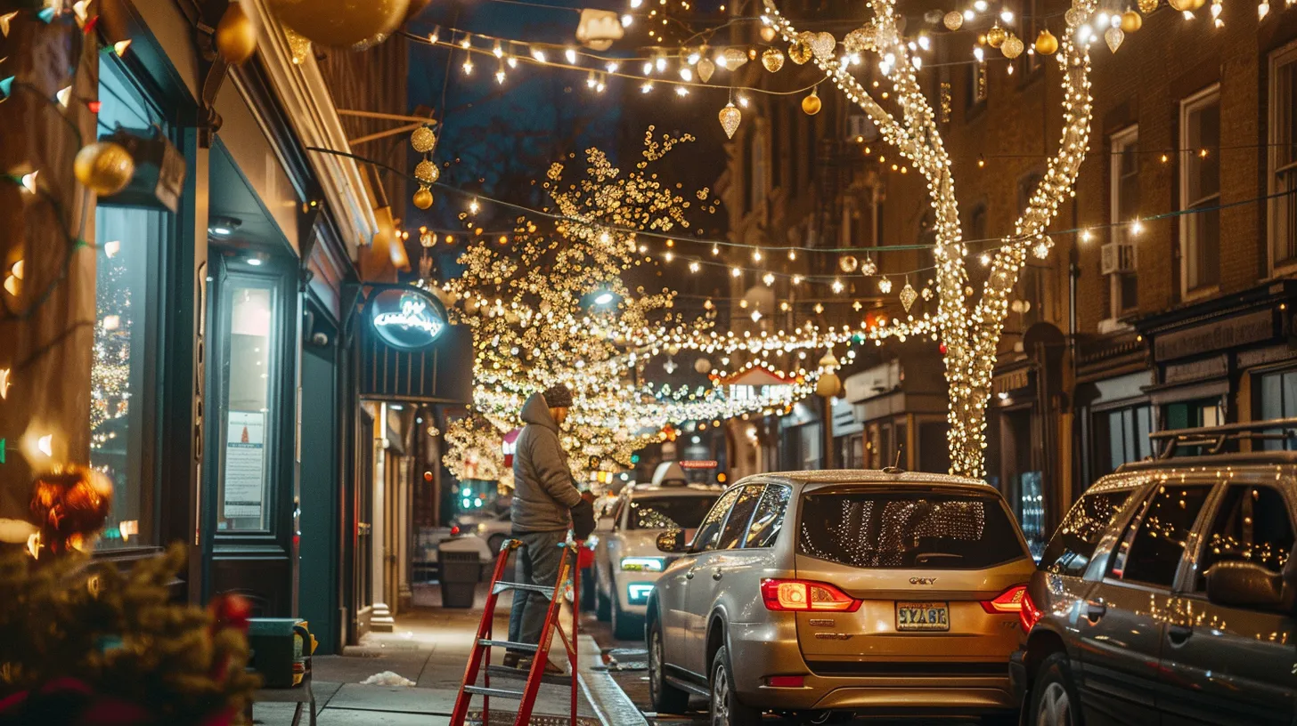 a festive urban street adorned with elegantly arranged christmas lights, showcasing a professional team meticulously installing vibrant, energy-efficient decorations against a backdrop of modern storefronts, radiating a warm, inviting glow. a festive urban street adorned with elegantly arranged christmas lights, showcasing a professional team meticulously installing vibrant, energy-efficient decorations against a backdrop of modern storefronts, radiating a warm, inviting glow.