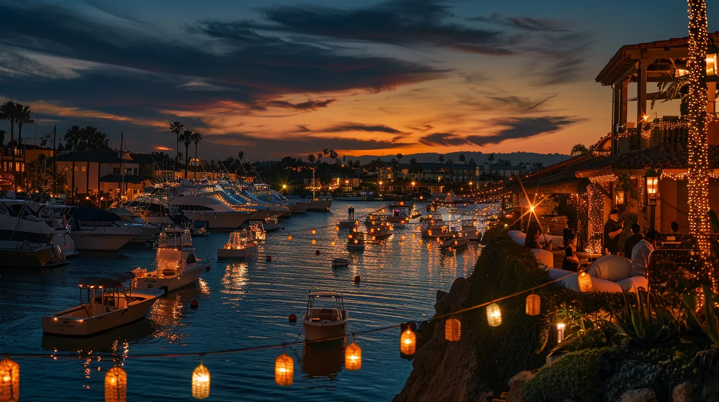 a vibrant evening scene in corona del mar showcases a festive gathering with radiant lantern displays illuminating the lively atmosphere, as residents enjoy hot chocolate and engage in yacht viewings against a backdrop of elegantly decorated coastal properties.