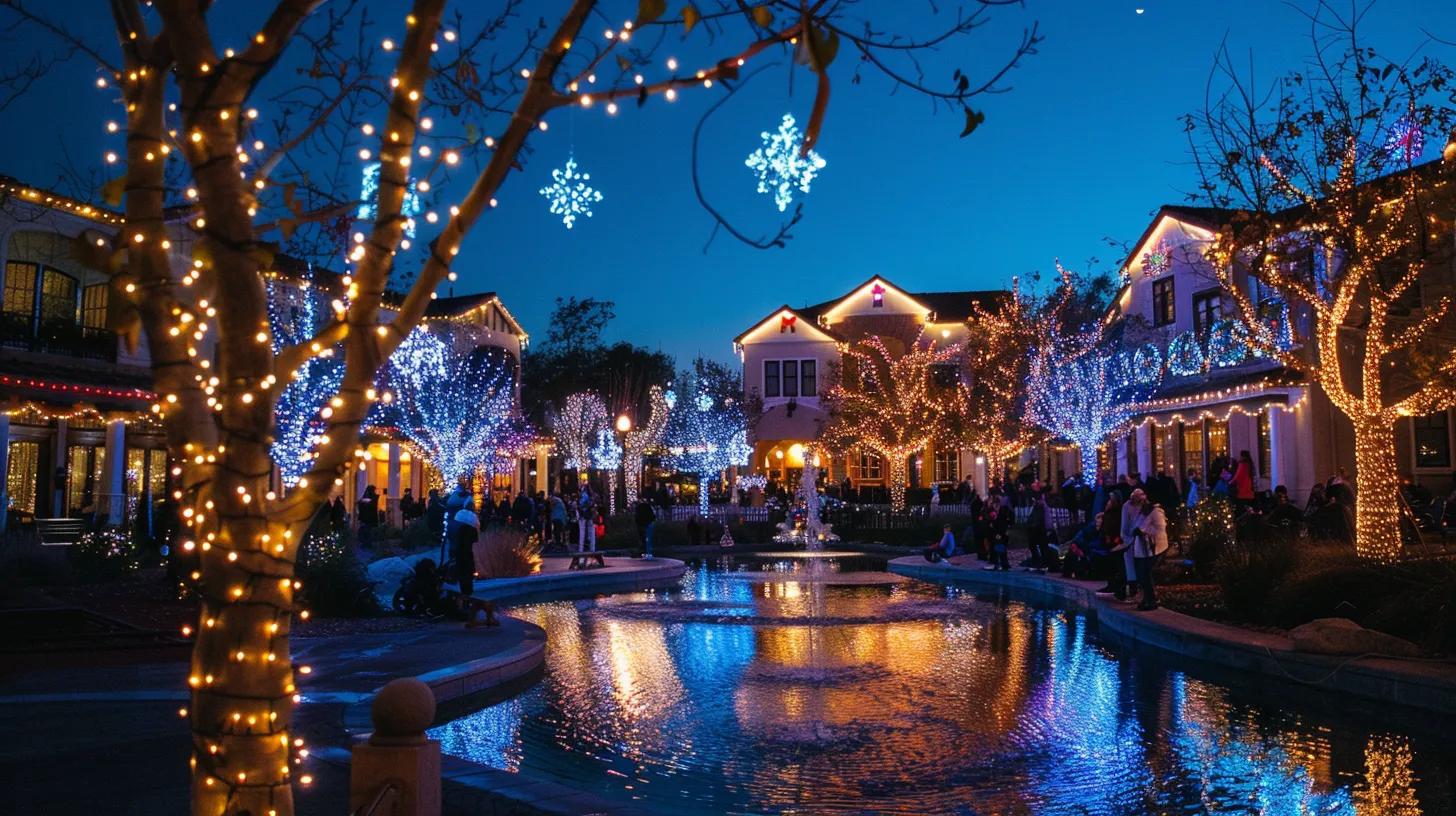 a vibrant evening scene in ladera ranch showcases homes adorned with cohesive icy blue and white lights, illuminating festive community activities centered around a sparkling water feature, while families gather near ground-mounted led star projectors under a starlit sky. a vibrant evening scene in ladera ranch showcases homes adorned with cohesive icy blue and white lights, illuminating festive community activities centered around a sparkling water feature, while families gather near ground-mounted led star projectors under a starlit sky.