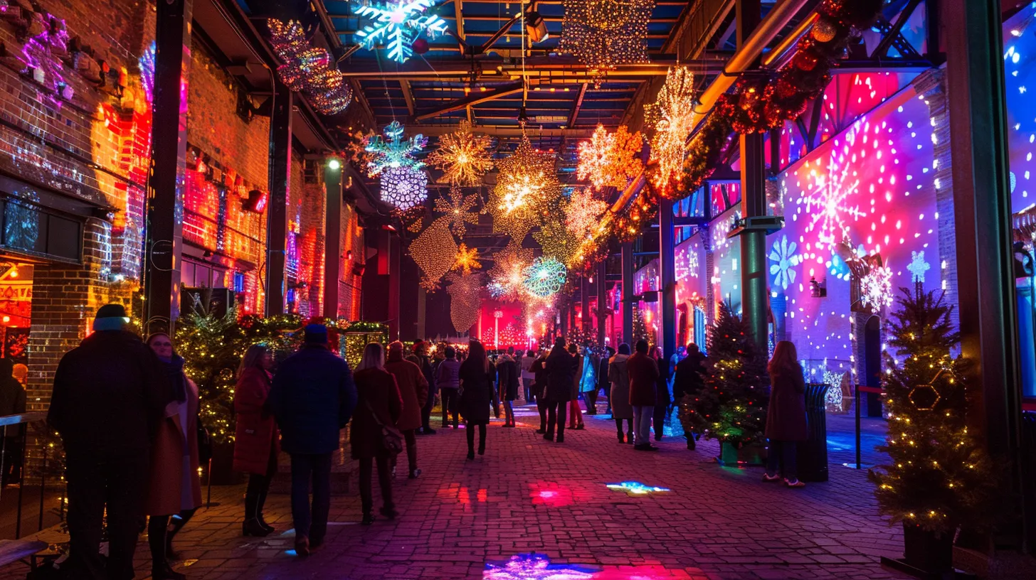 a vibrant holiday scene captures a beautifully illuminated urban event space adorned with intricate, high-quality lighting installations, showcasing the festive atmosphere enhanced by energy-efficient designs and stylish decorations, all under the warm glow of a winter evening.
