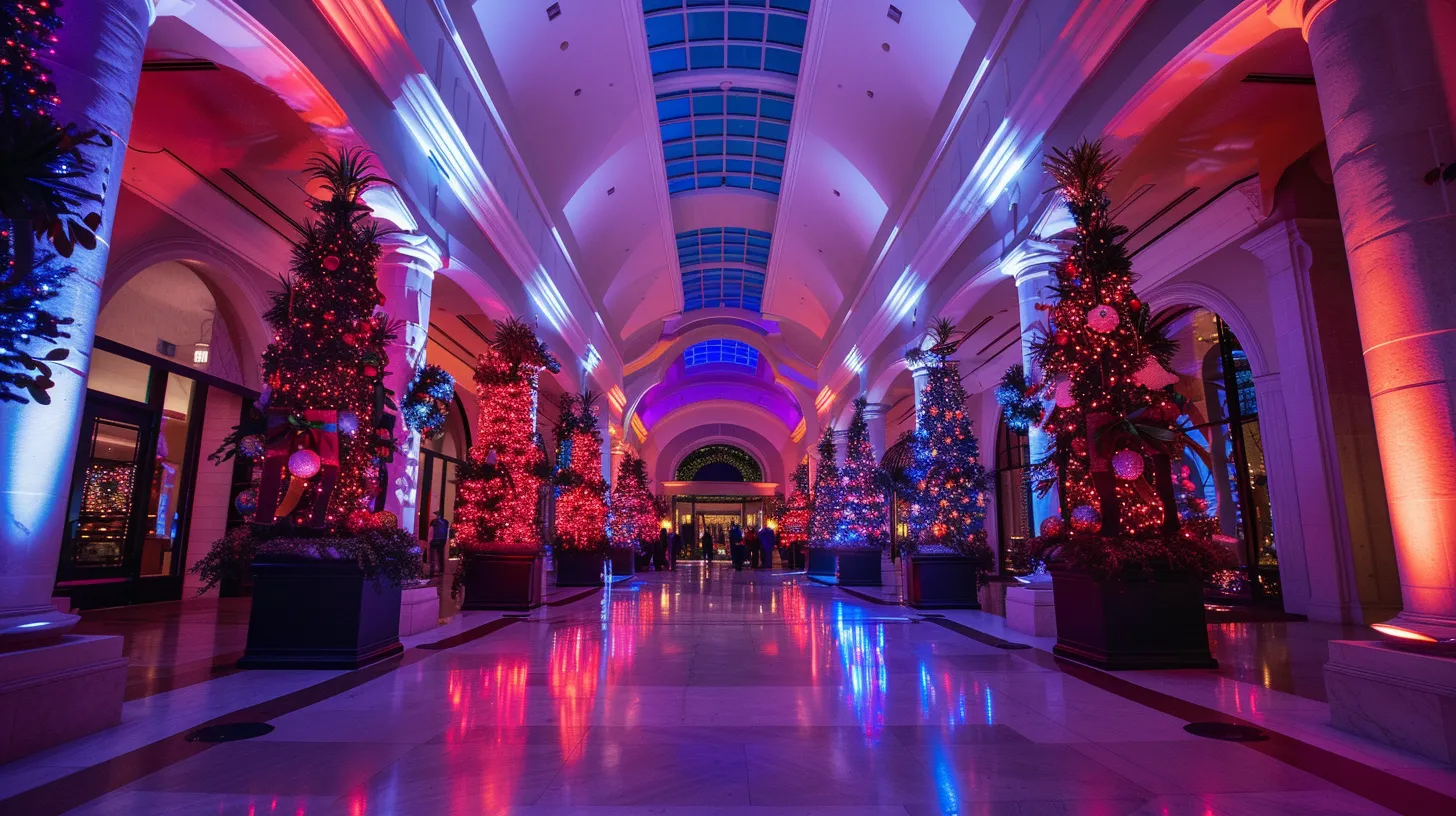 a vibrant indoor setting in anaheim hills featuring eye-catching holiday lighting installations, including elegant center displays and festive decorations, creating a magical atmosphere that highlights innovative design for a memorable christmas experience.