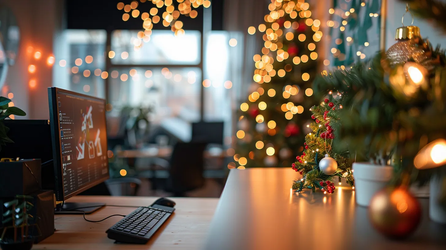 a vibrant, modern office space features a sleek desk adorned with holiday-themed decor, glowing with strings of professionally installed christmas lights, symbolizing the festive spirit while a digital display showcases contact information and social media links for connecting with light up my holiday. a vibrant, modern office space features a sleek desk adorned with holiday-themed decor, glowing with strings of professionally installed christmas lights, symbolizing the festive spirit while a digital display showcases contact information and social media links for connecting with light up my holiday.