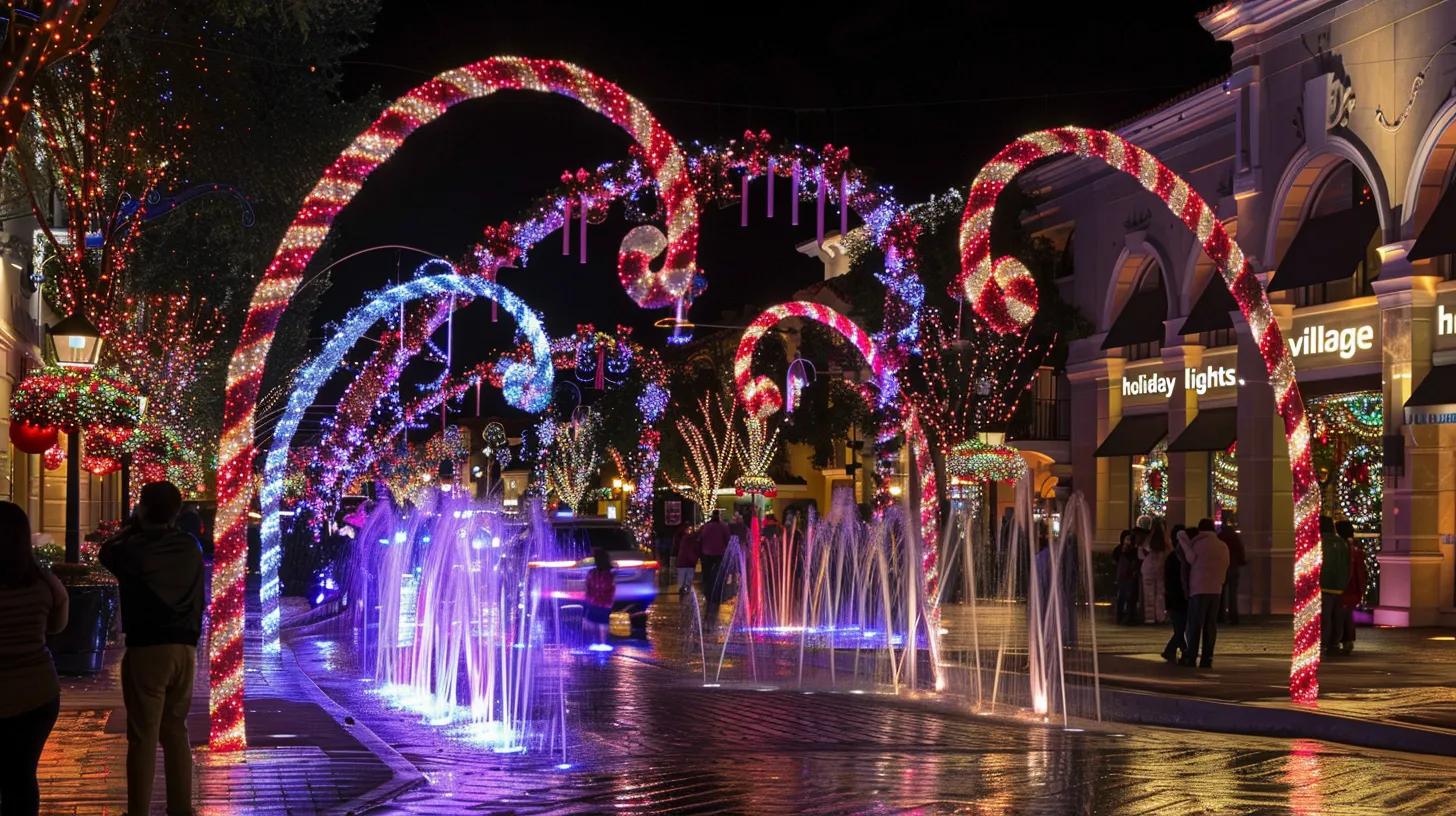 a vibrant urban evening scene showcasing mission viejo’s “village holiday lights,” featuring sparkling, professionally designed installations like candy-cane arches and colorful projection mappings on civic buildings, bustling crowds immersed in a festive atmosphere as interactive light tunnels and synchronized fountains dazzle in the foreground. a vibrant urban evening scene showcasing mission viejo’s “village holiday lights,” featuring sparkling, professionally designed installations like candy-cane arches and colorful projection mappings on civic buildings, bustling crowds immersed in a festive atmosphere as interactive light tunnels and synchronized fountains dazzle in the foreground.