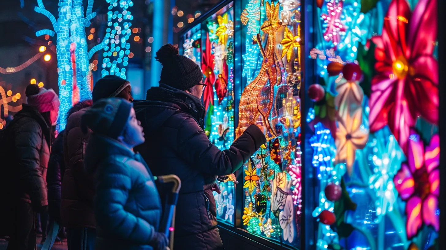a vibrant urban holiday installation showcases dazzling lights and intricate designs, with a diverse group of residents admiring the wheelchair-accessible display, reflecting community spirit and expert craftsmanship in the festive atmosphere. a vibrant urban holiday installation showcases dazzling lights and intricate designs, with a diverse group of residents admiring the wheelchair-accessible display, reflecting community spirit and expert craftsmanship in the festive atmosphere.