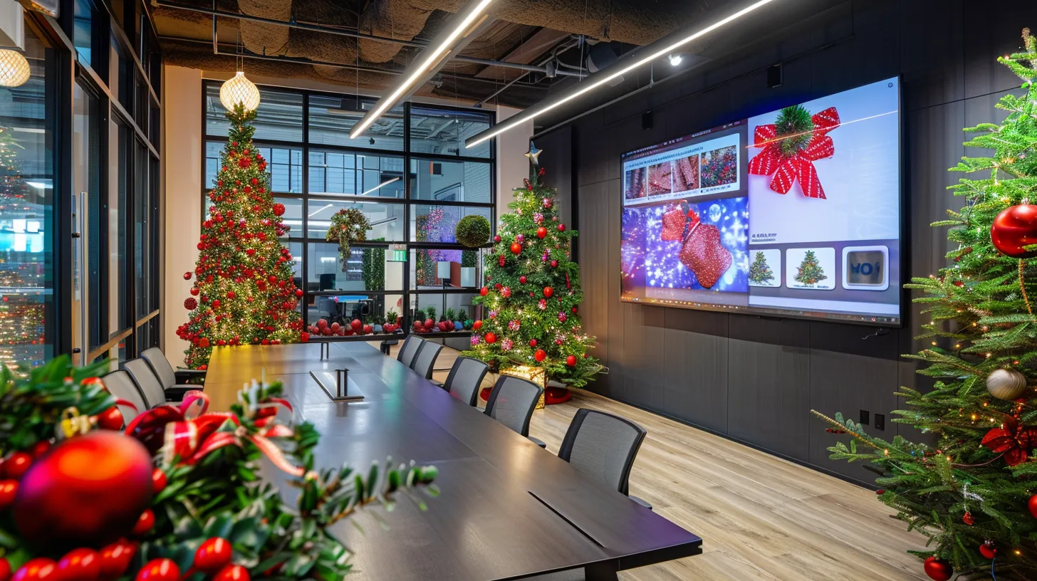 a vibrant urban office space is bustling with activity, showcasing a sleek conference table adorned with colorful christmas lighting design samples, while a large screen displays engaging social media posts and responsive customer support platforms for light up my holiday services.