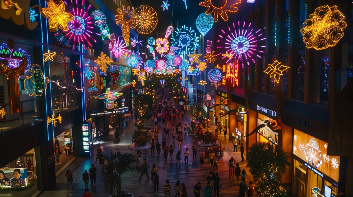 a vibrant urban scene showcases a dazzling array of modern holiday lighting installations on a busy street, with colorful displays illuminating festive gatherings and engaged visitors exploring an interactive video-gallery presentation nearby. a vibrant urban scene showcases a dazzling array of modern holiday lighting installations on a busy street, with colorful displays illuminating festive gatherings and engaged visitors exploring an interactive video-gallery presentation nearby.