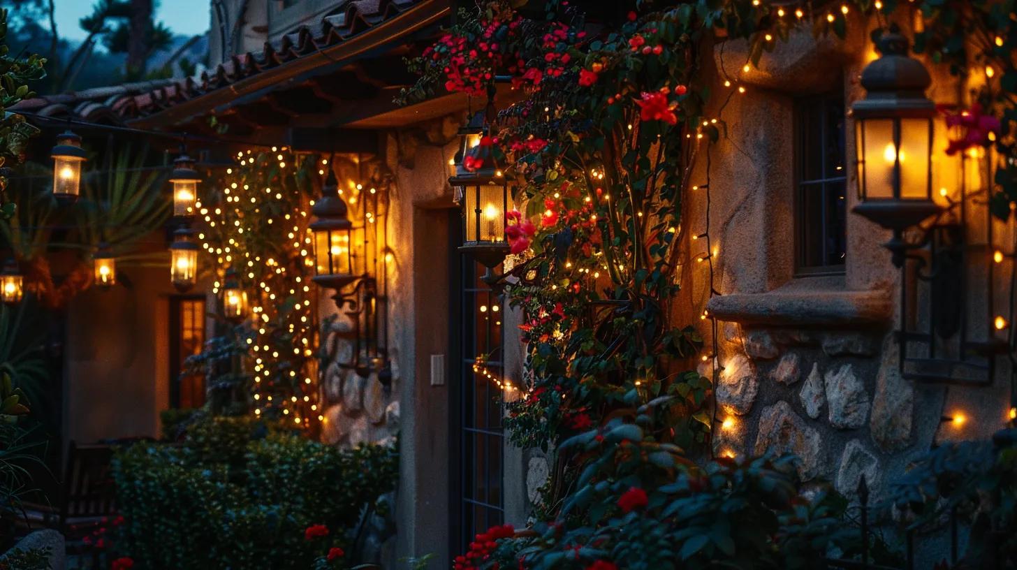 an elegantly adorned tustin ranch home showcases warm amber leds and custom iron lanterns illuminating a charming entryway lined with stone facades, terracotta roof tiles, and draped string lights enveloping bougainvillea, evoking a festive mediterranean ambiance. an elegantly adorned tustin ranch home showcases warm amber leds and custom iron lanterns illuminating a charming entryway lined with stone facades, terracotta roof tiles, and draped string lights enveloping bougainvillea, evoking a festive mediterranean ambiance.