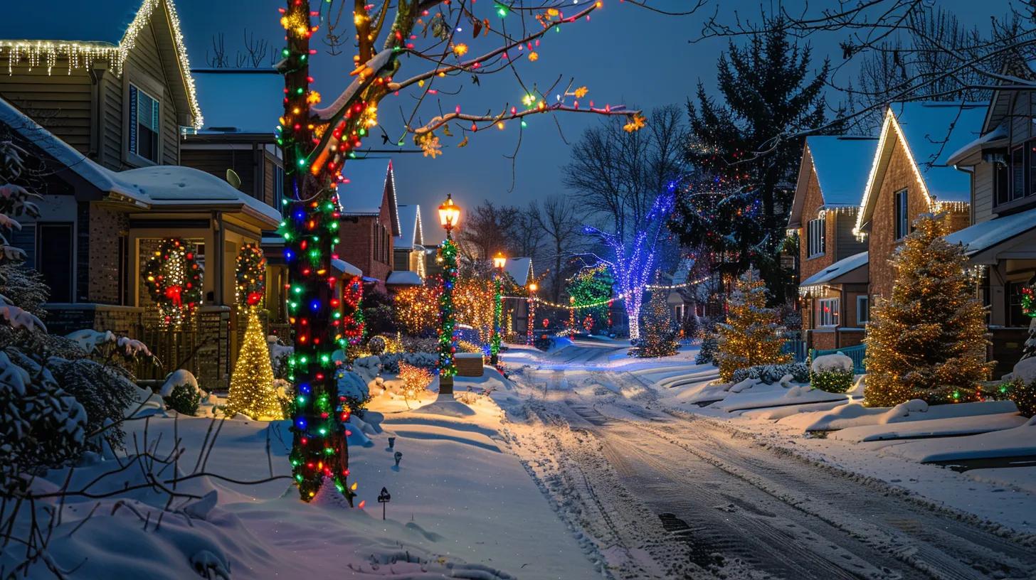 an inviting suburban neighborhood glows with vibrant, colorful holiday lights adorning every house, creating a magical winter wonderland atmosphere during a clear evening, perfect for a festive celebration.