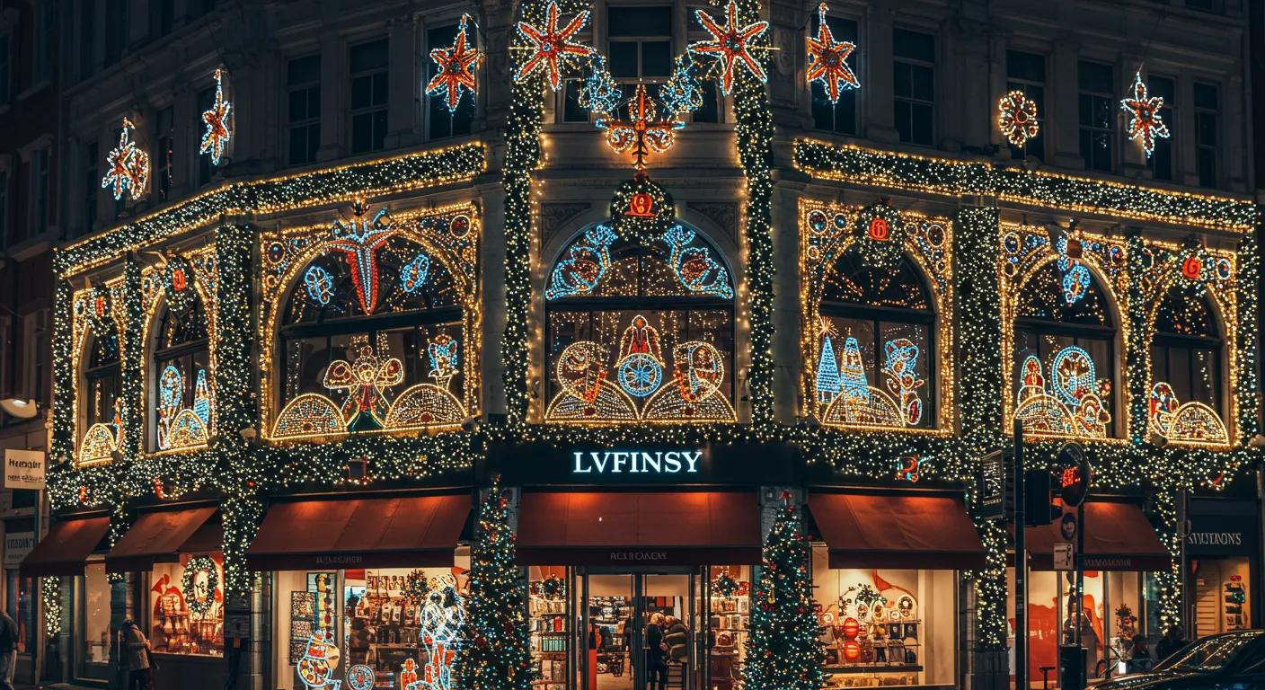 a vibrant urban storefront adorned with intricately designed commercial christmas lights, illuminating the building facade and showcasing a festive atmosphere that draws in holiday shoppers.