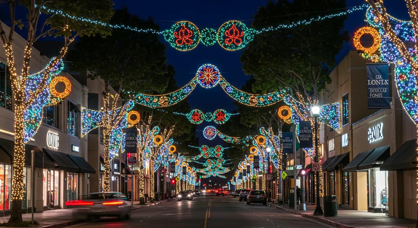a vibrant urban scene in los angeles showcases a bustling commercial district adorned with dazzling, high-quality holiday lighting, illuminating storefronts and creating a festive, inviting atmosphere that enhances brand presence and attracts customers during the christmas season. a vibrant urban scene in los angeles showcases a bustling commercial district adorned with dazzling, high-quality holiday lighting, illuminating storefronts and creating a festive, inviting atmosphere that enhances brand presence and attracts customers during the christmas season.