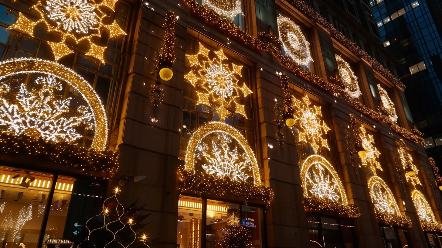 a beautifully illuminated urban building adorned with an array of dazzling holiday lights, showcasing a stunning custom installation that radiates festive cheer against a twilight backdrop.