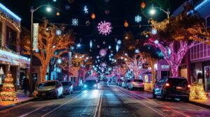 a dazzling urban street scene in redondo beach during the holiday season showcases a vibrant array of custom holiday lighting on homes and storefronts, with professionally installed displays glowing warmly against the night sky, drawing attention to their unique designs and synchronized musical elements.