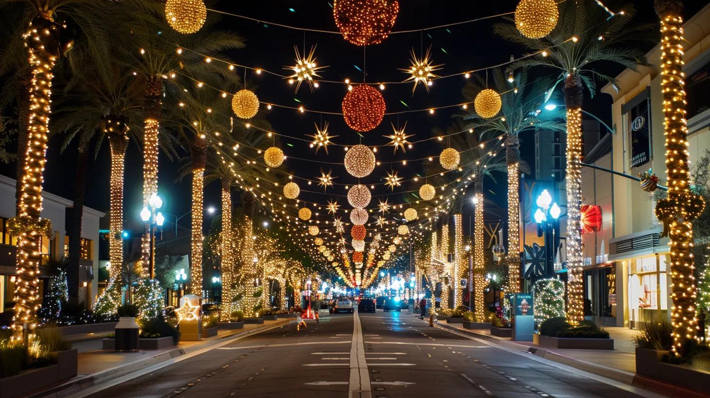 a dazzling urban streetscape adorned with vibrant, energy-efficient led christmas lights, showcasing stunningly designed residential and commercial displays that illuminate the festive spirit of orange county during the holiday season.