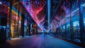 a sleek urban street illuminated by vibrant, synchronized led holiday lights that cascade elegantly along modern storefronts, showcasing an innovative blend of traditional designs and cutting-edge technology.