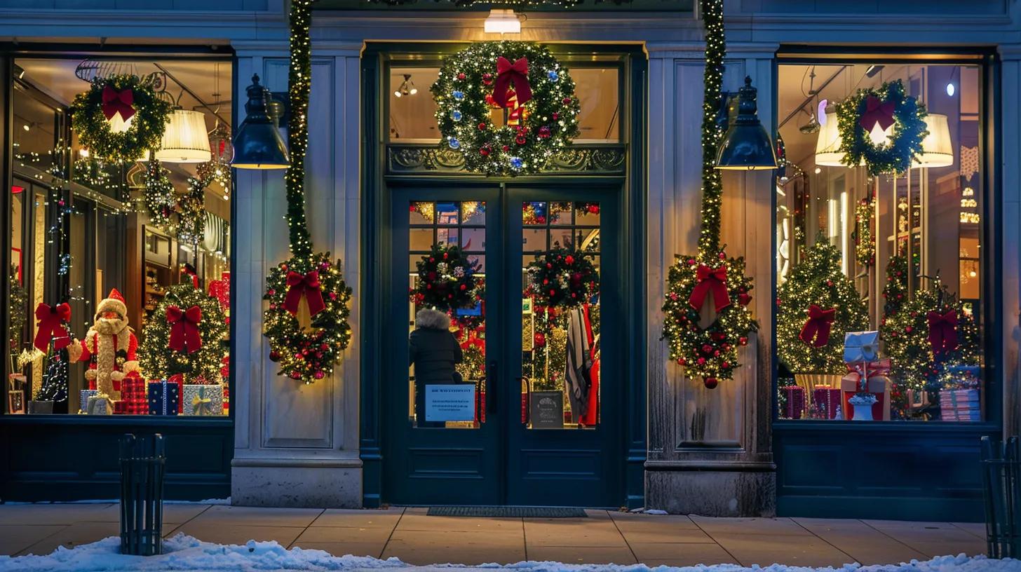an elegantly decorated urban storefront illuminated with vibrant holiday lights, capturing the festive ambiance and showcasing the meticulous arrangement of various lighting types against a crisp evening backdrop.