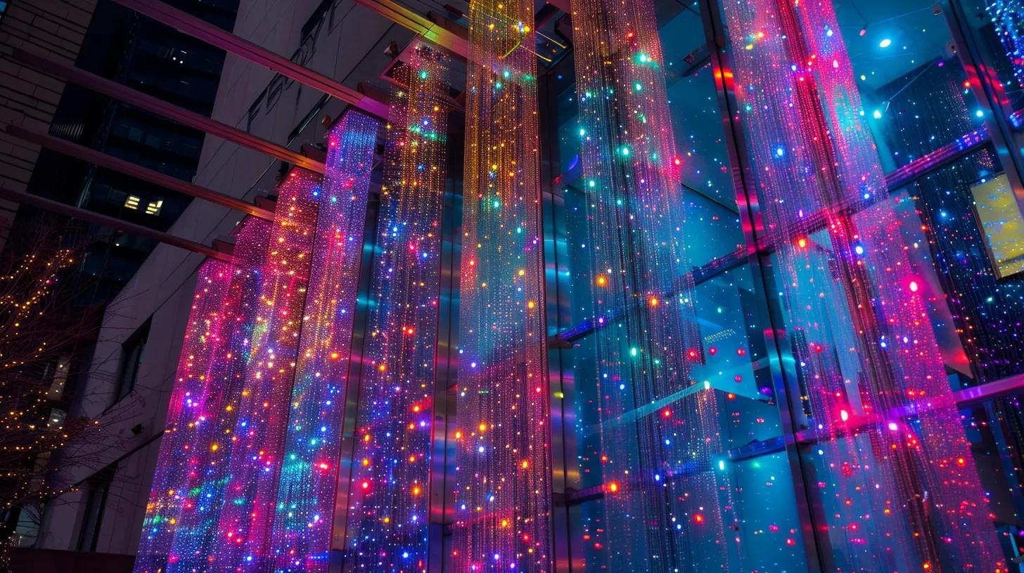 a dazzling urban display of modern led holiday lights, featuring vibrant color-changing sequences and twinkling effects that illuminate an elegant storefront, capturing the festive spirit of the season.