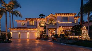 a luxurious, elegantly decorated home in orange county showcases a dazzling array of christmas lights, highlighted by warm, inviting glow against a stylish urban backdrop during an evening consultative meeting about installation options.