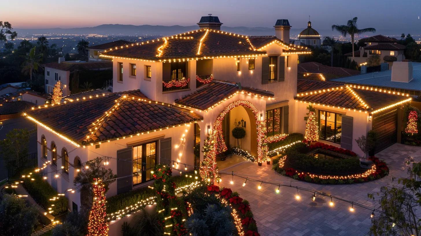 a professional team meticulously arranges vibrant christmas lights along the elegant rooflines of a modern orange county home, illuminated against a polished urban backdrop during the twilight hour.